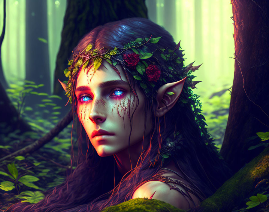 Fantasy illustration of elf with greenery crown in mystical forest