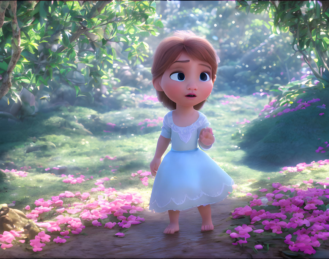 Young animated girl in white and blue dress in magical forest with pink petals and lush greenery