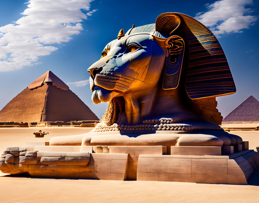 Great Sphinx with Pyramids of Giza against Blue Sky