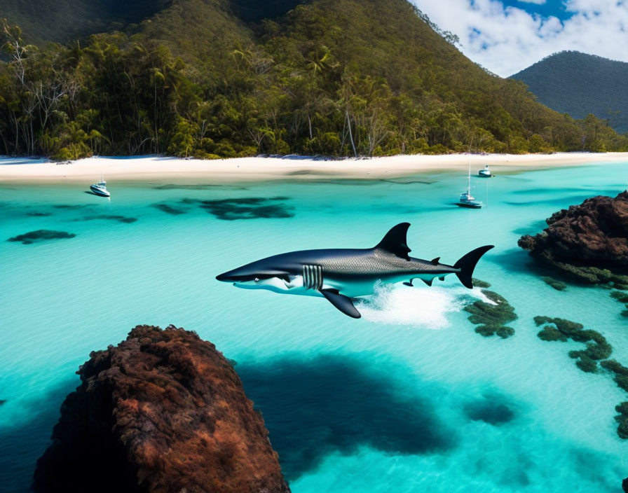 Shark swimming in clear waters near sandy beach with boats and greenery