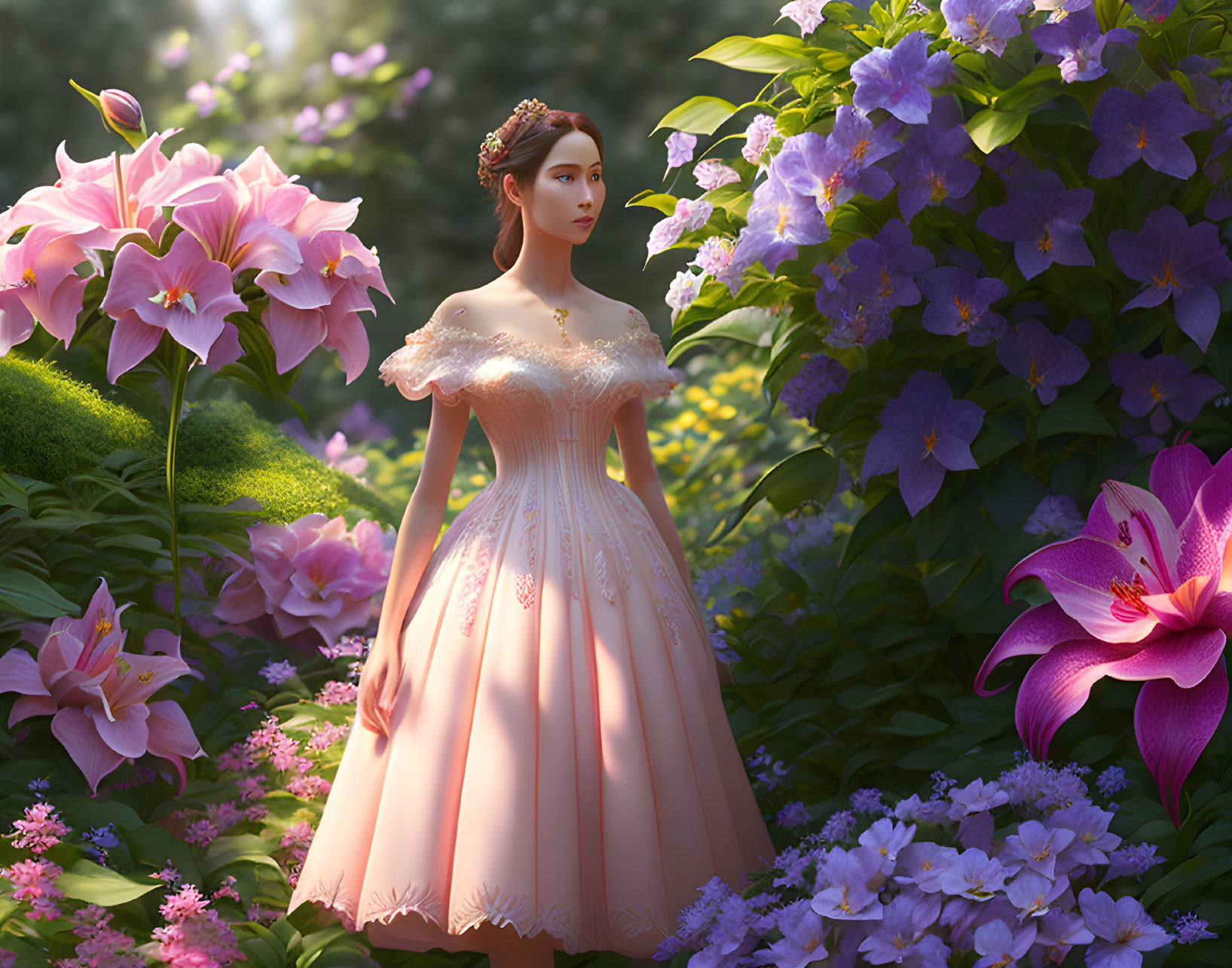 Woman in Peach Gown Surrounded by Vibrant Garden Flowers