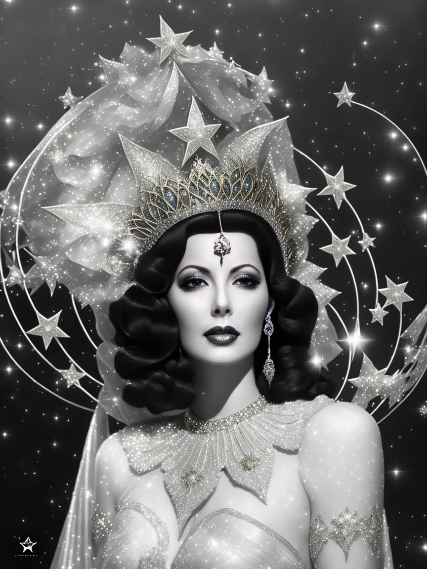 Cosmic-themed woman portrait with star-studded crown and celestial ornaments