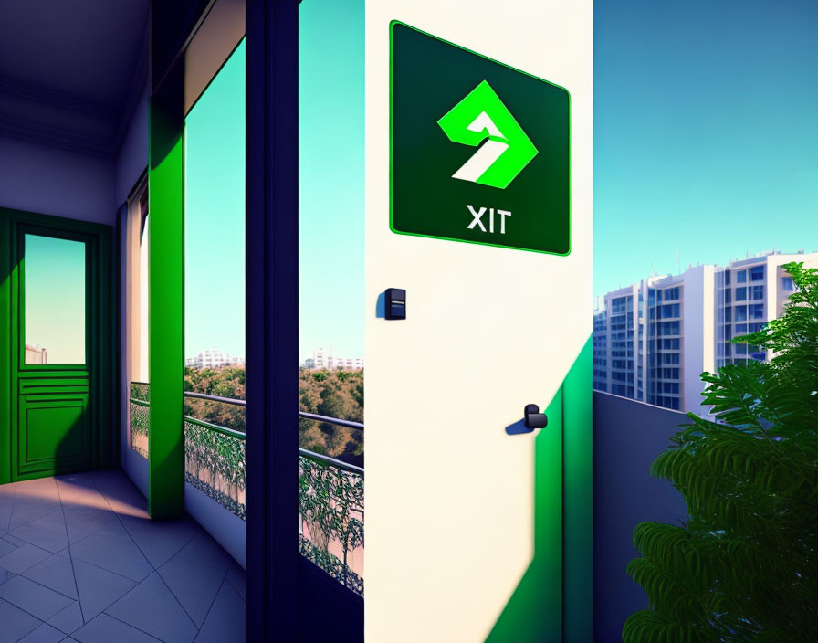 Luminous exit sign above door with balcony cityscape view