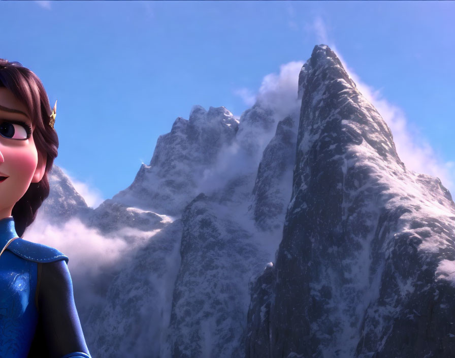 Brown-haired animated character in blue dress against snowy mountain backdrop