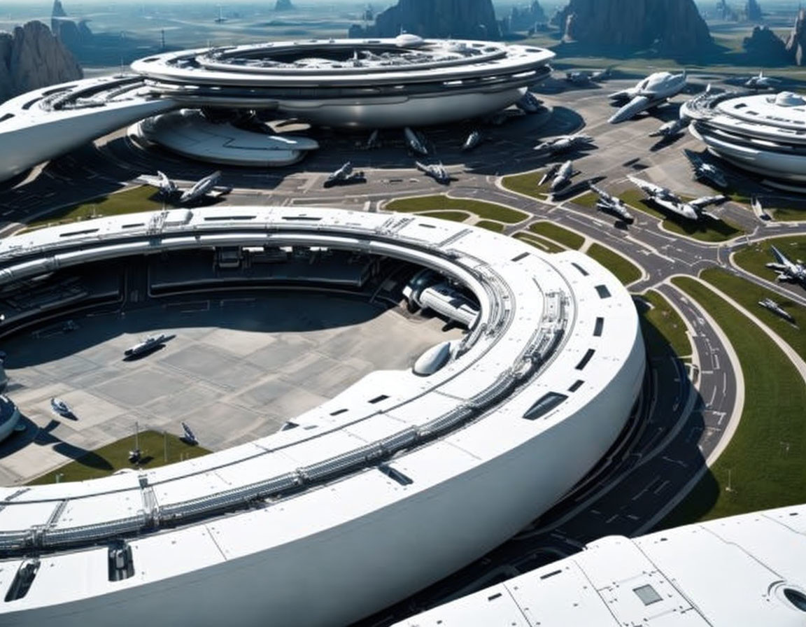 Circular terminals and spacecraft at futuristic airport amidst rock formations