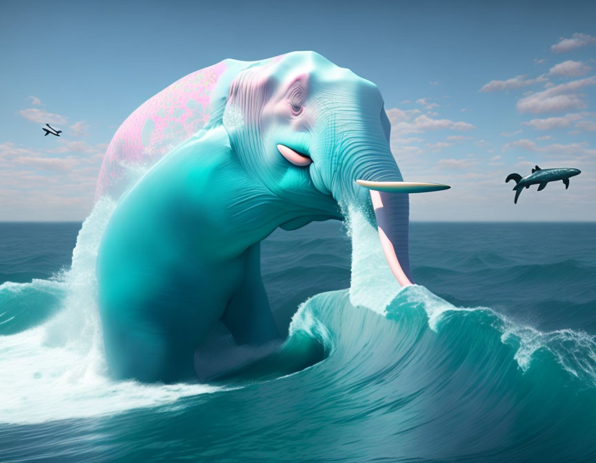 Blue elephant with pink details emerging from ocean waves with bird silhouettes.