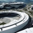 Circular terminals and spacecraft at futuristic airport amidst rock formations