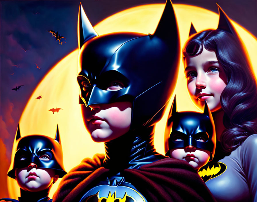 Illustration of Batman-themed characters under full moon