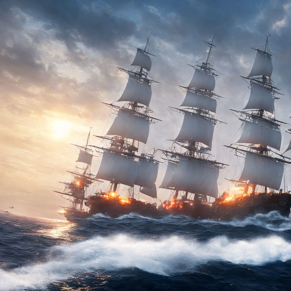 Historic tall ships sailing in rough seas at sunset.