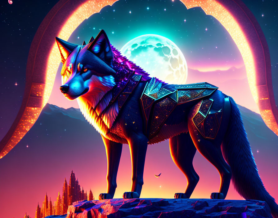 Cybernetic wolf under neon lights on cliff with full moon