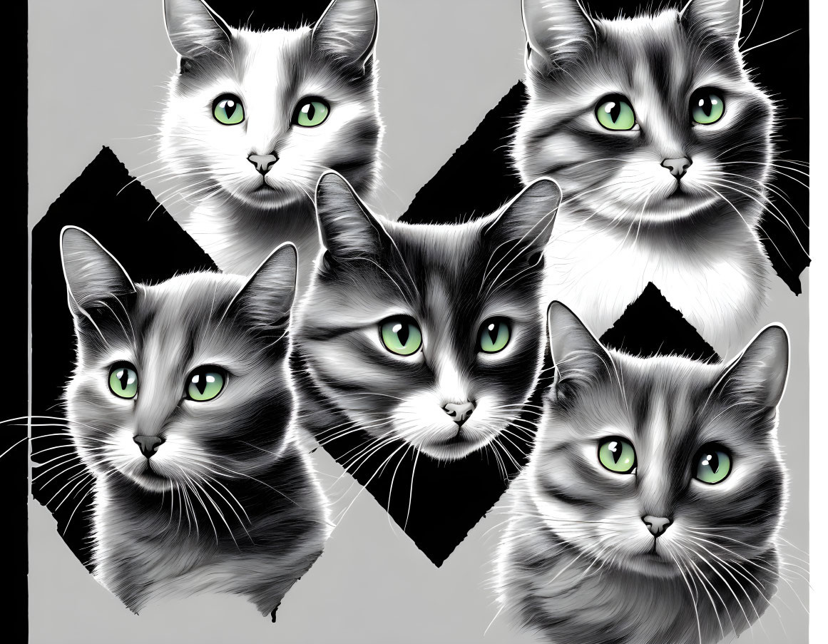 Five cats with green eyes on gray background with abstract shapes