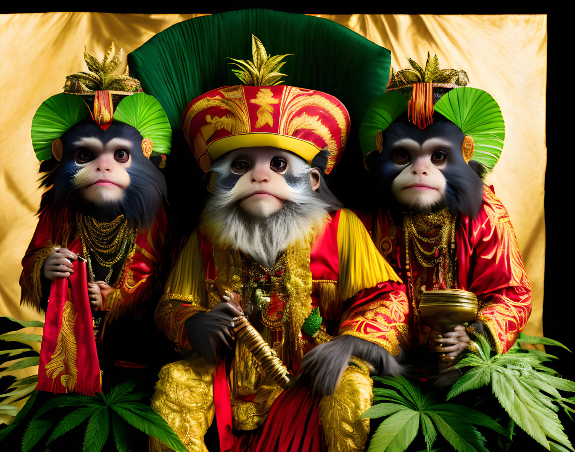 Three monkeys in royal attire against black and golden backdrop