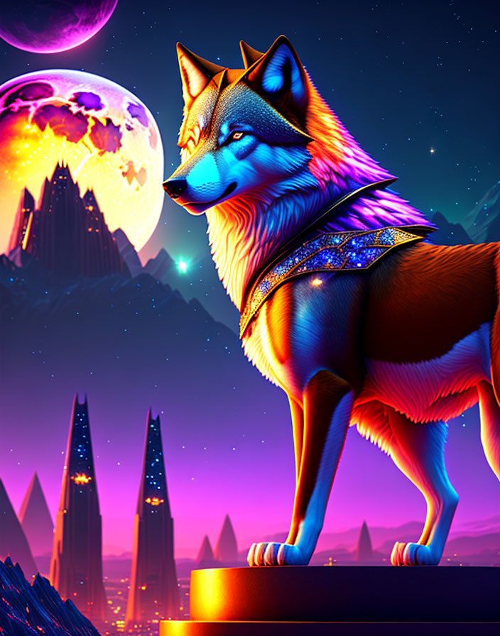 Neon-lit wolf in ornate harness against alien landscape