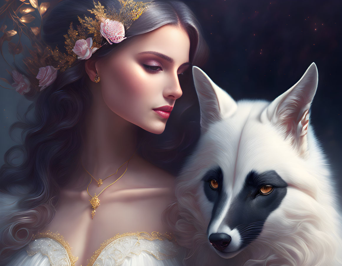 Digital portrait of woman with long wavy hair and headpiece next to white fox