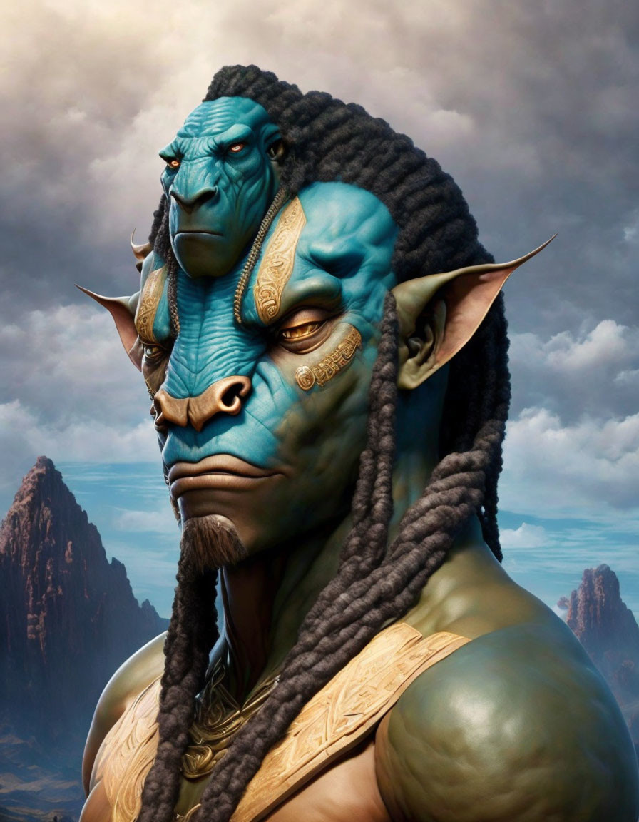 Fantasy creature digital art: blue skin, golden tribal markings, horns, pointed ears, cloudy sky