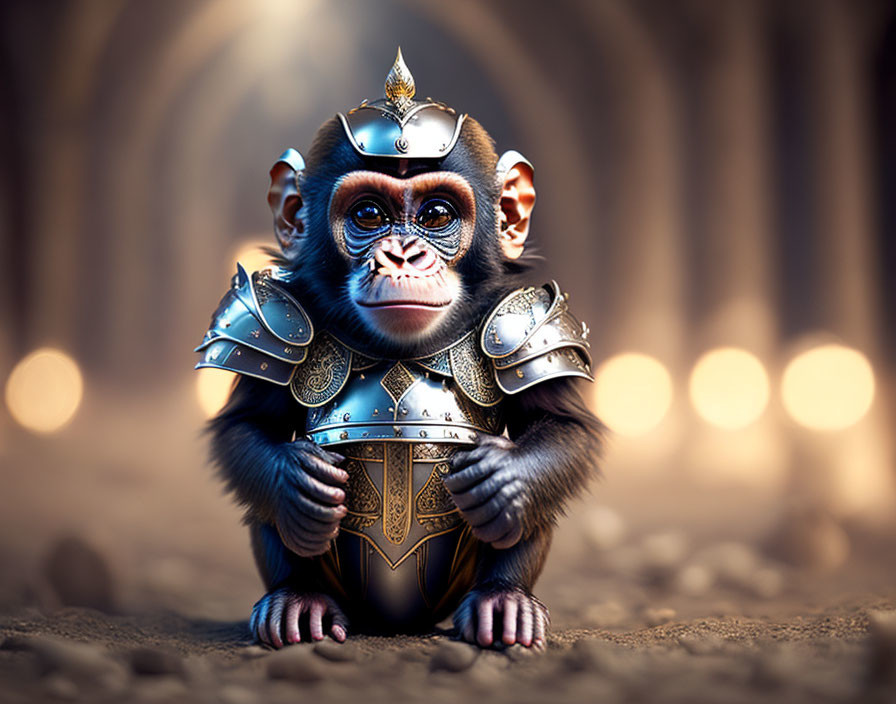 Digital artwork: Baby chimpanzee in medieval armor in grand hall