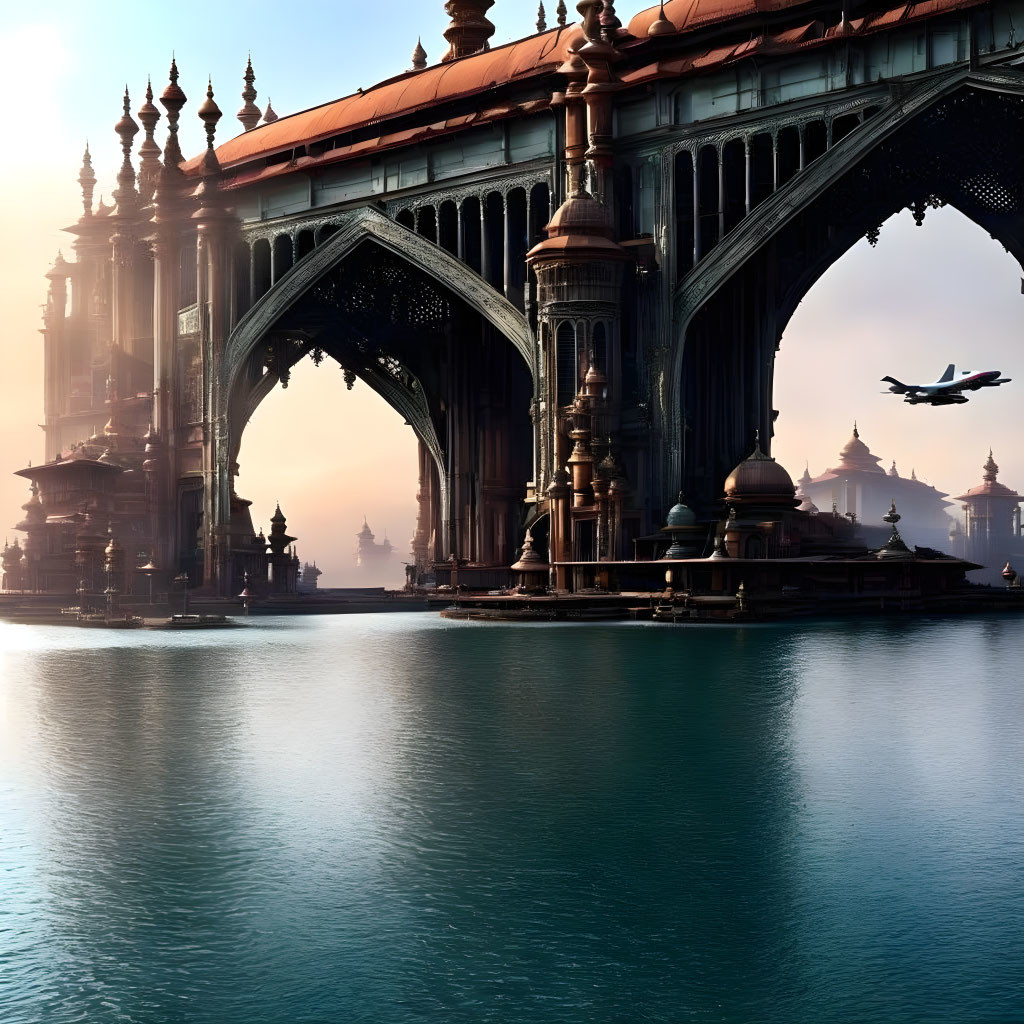 Gothic-style waterfront building with arches and spires by calm water and hazy sky.