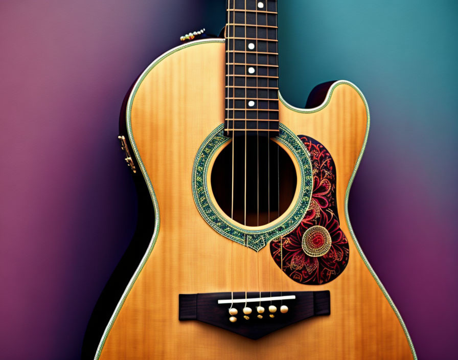 Detailed close-up of ornately decorated acoustic guitar on purple and teal gradient backdrop