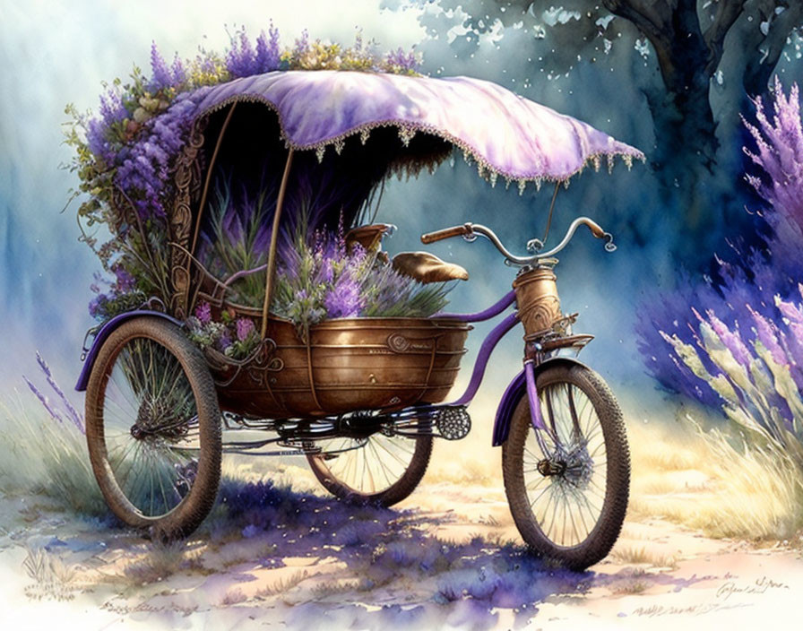 Whimsical bicycle with overflowing lavender sidecar in misty forest