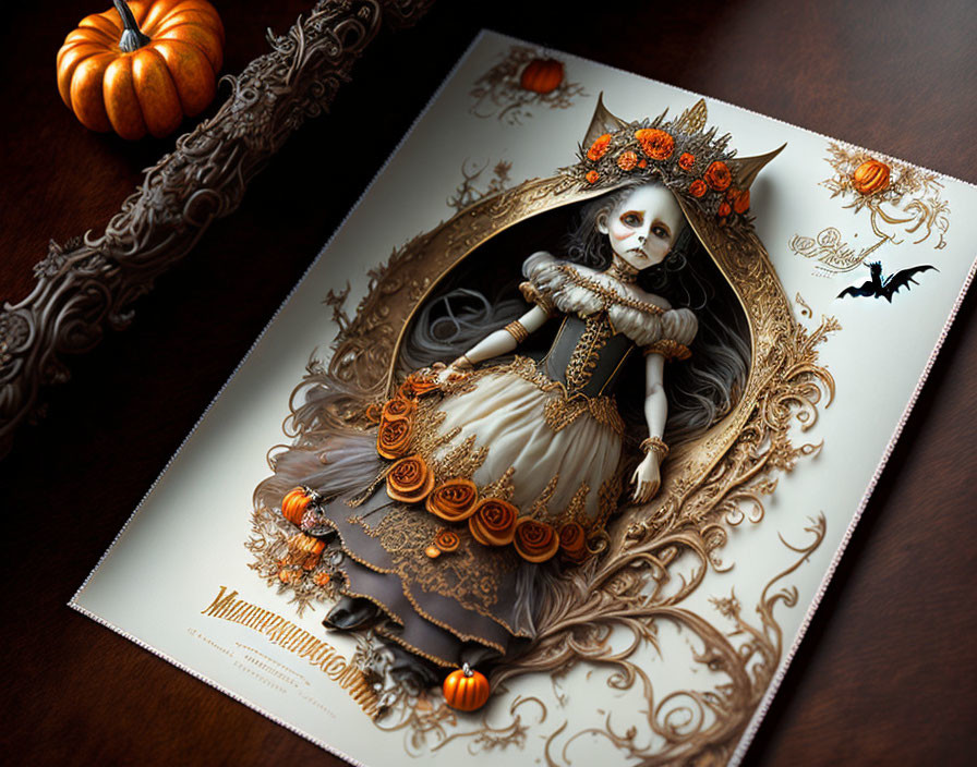 Pale Gothic girl in Halloween-themed artwork with autumn leaves, pumpkins, and ornate designs