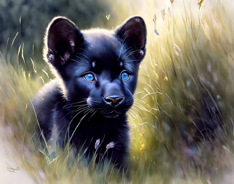 Black Panther Cub with Striking Blue Eyes in Sunlit Field