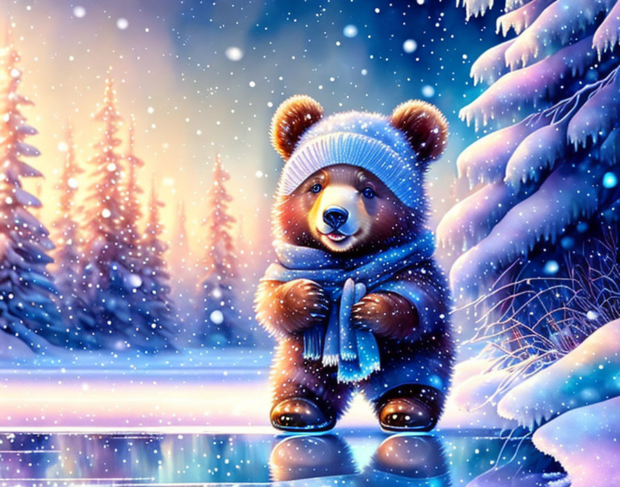 Cute bear in blue hat and scarf in snowy forest with falling snowflakes