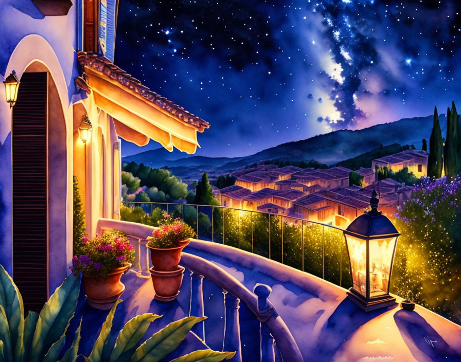 Vibrant night scene: terrace view of village with starry skies and lit lantern.