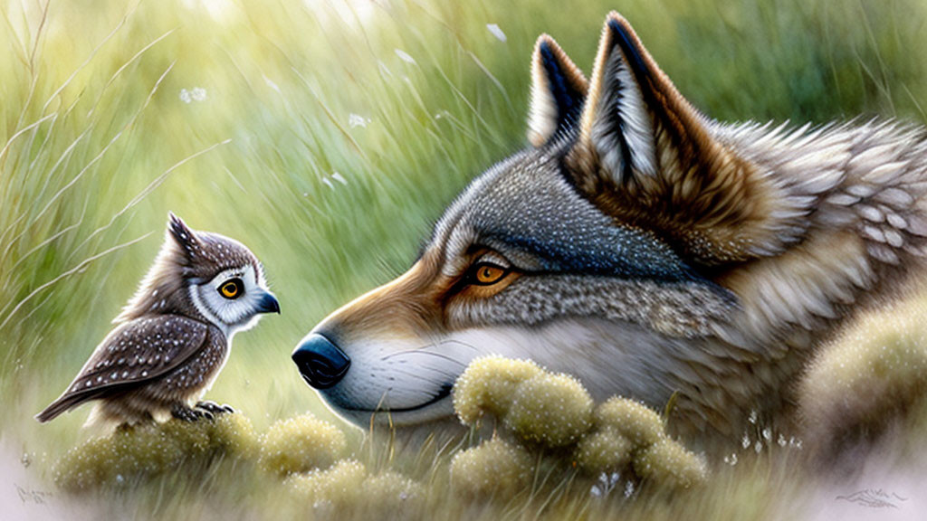 Realistic illustration: Wolf and owl meet in grassy terrain