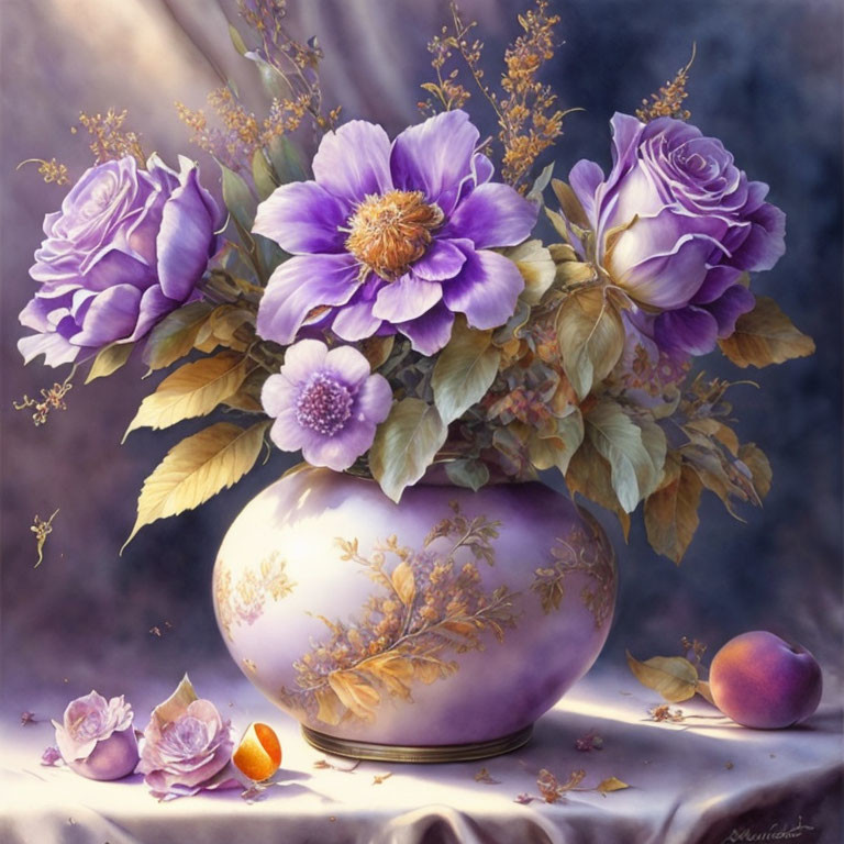 Purple Flowers and Peach Still-Life Painting with Decorated Vase