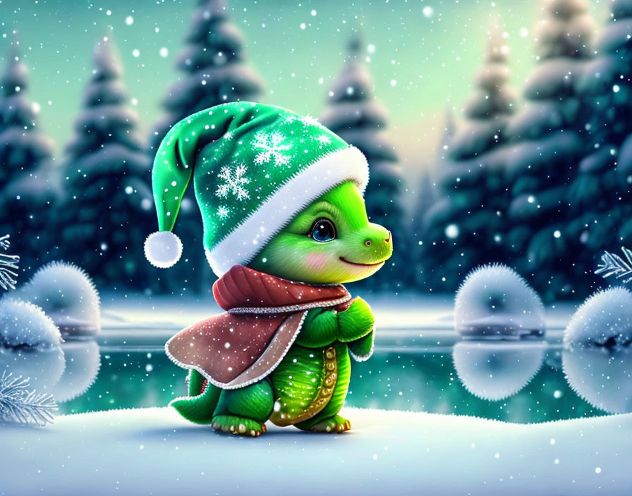 Cartoon-style turtle in green hat and scarf in snowy Christmas scene