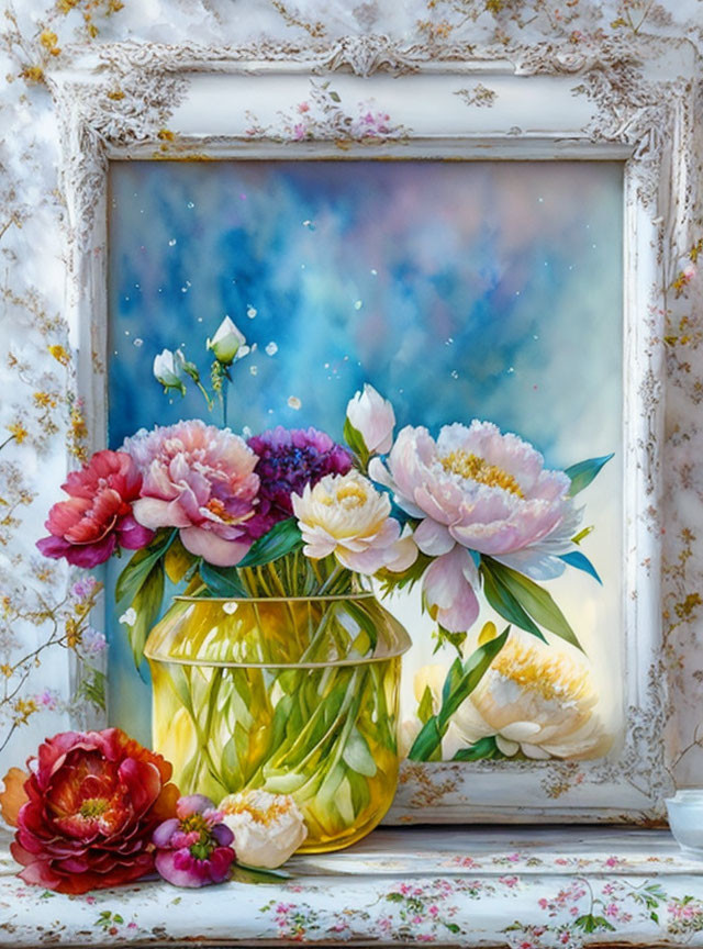 Colorful Peonies Bouquet in Yellow Vase with Celestial Backdrop