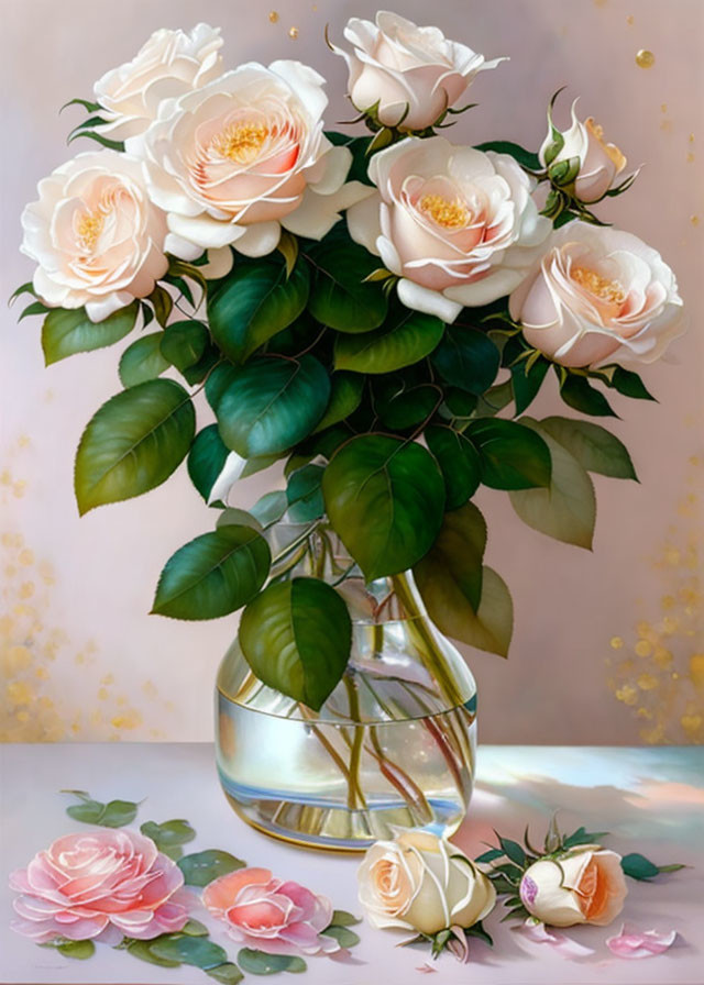 Realistic Painting of Pale Pink Roses in Glass Vase with Reflections