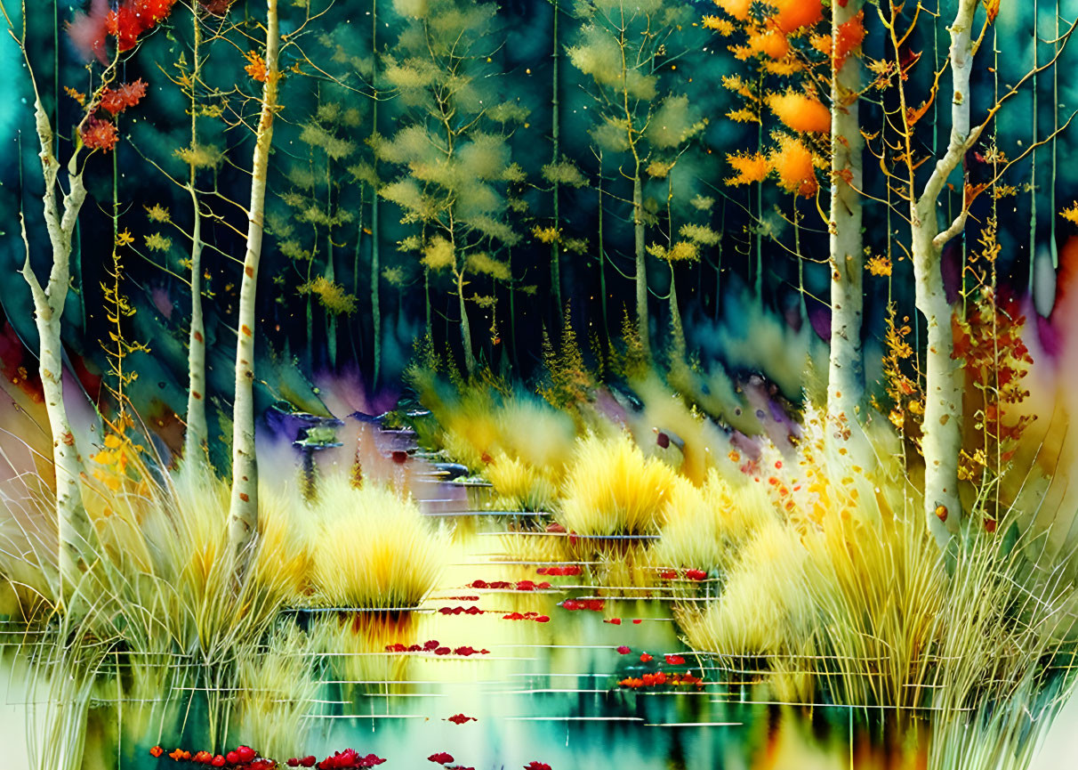 Colorful mystical forest with birch trees and tranquil pond