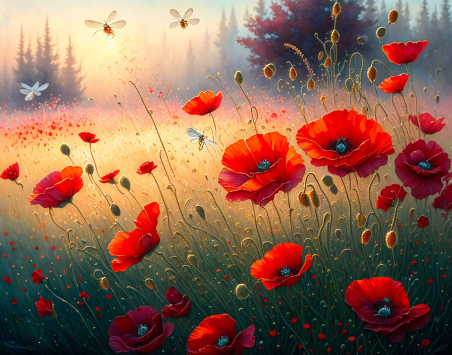 Vibrant red poppies, dewdrops, dragonflies in forest sunrise scene