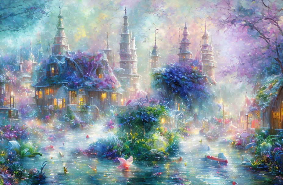 Fantastical landscape with colorful flora and glowing atmosphere