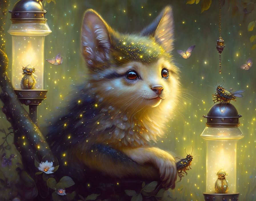 Enchanting kitten with glowing lanterns and luminescent bees in magical forest