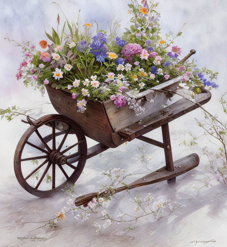 Wooden wheelbarrow with colorful flowers on pastel background