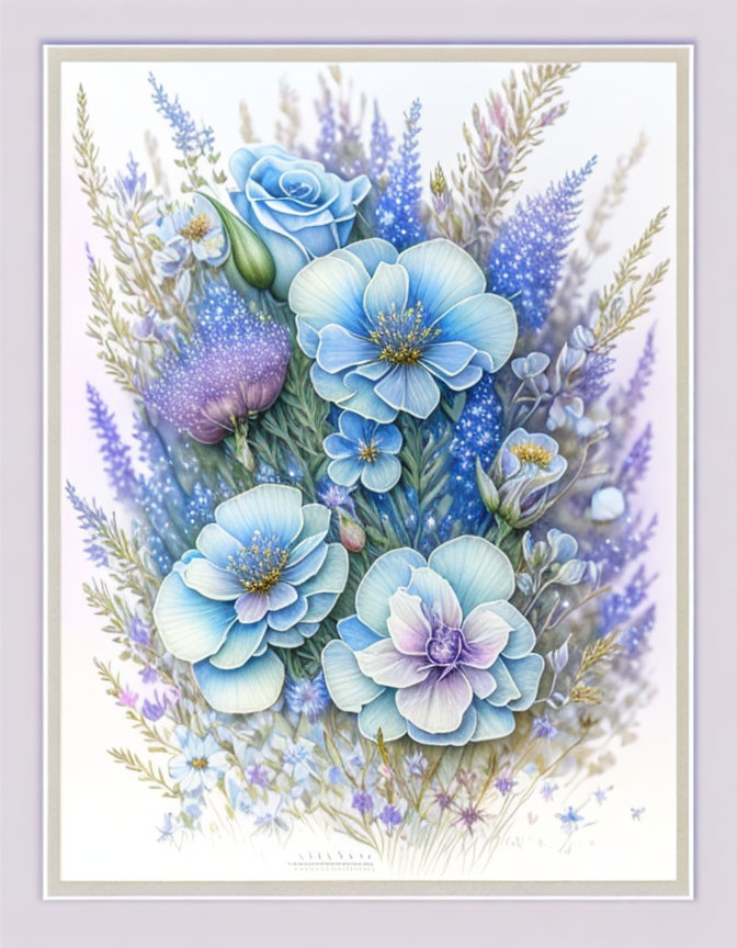 Framed illustration of elegant bouquet with blue roses and pastel flowers