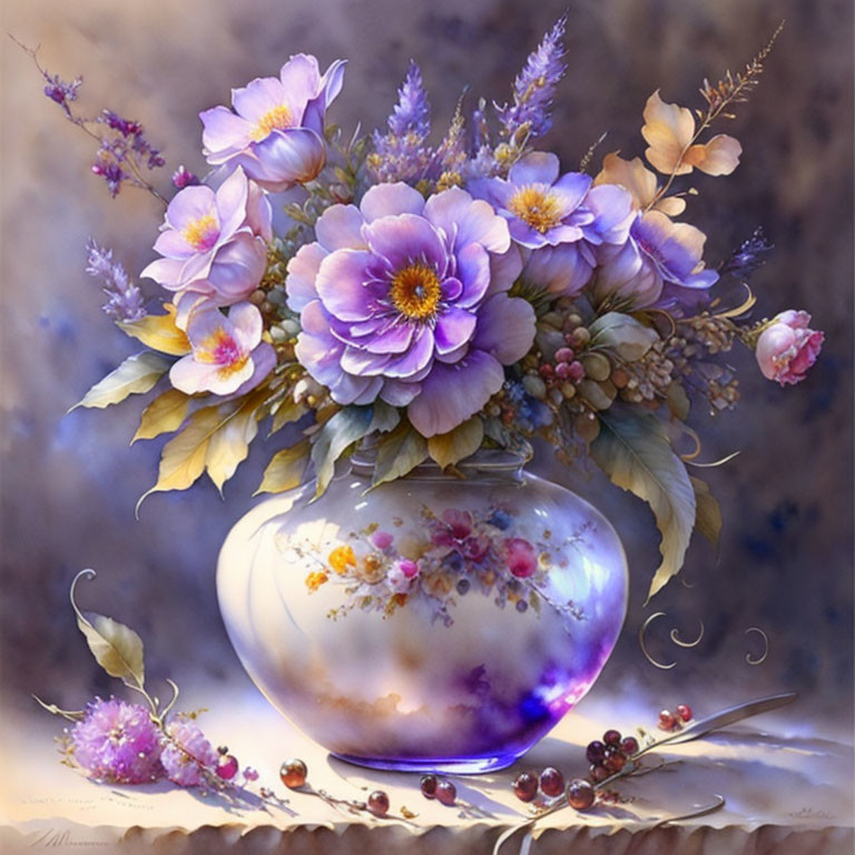 Colorful floral arrangement in reflective vase - purple and pink flowers, berries, leaves