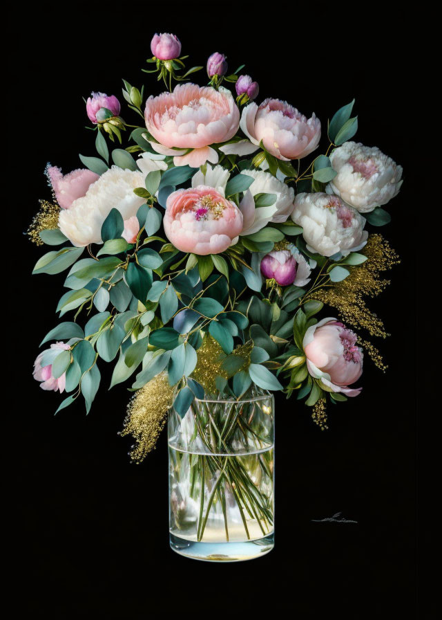 Pink peonies bouquet with golden accents in glass vase