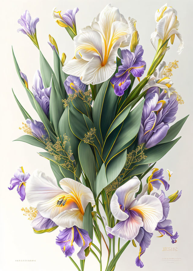 White and Purple Irises in Lush Bouquet with Yellow Accents