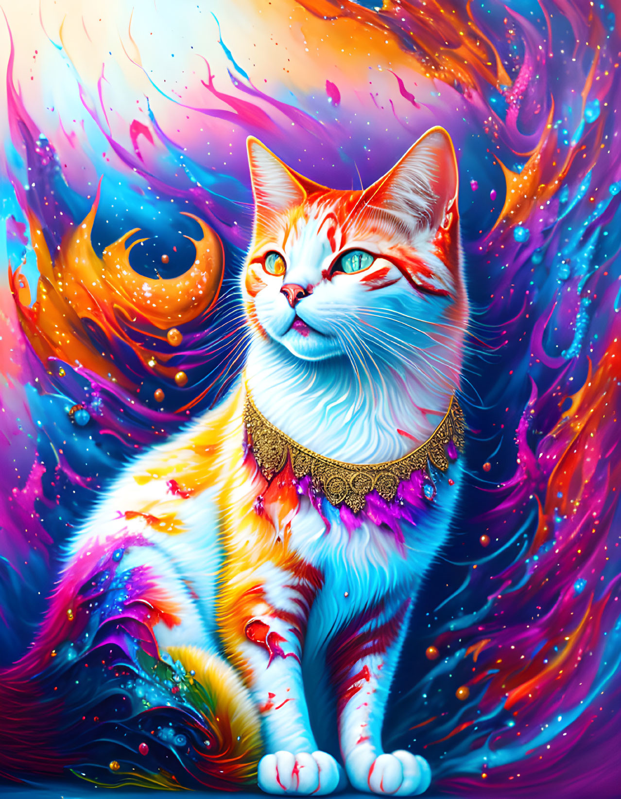 Colorful Cat Artwork with Cosmic Background