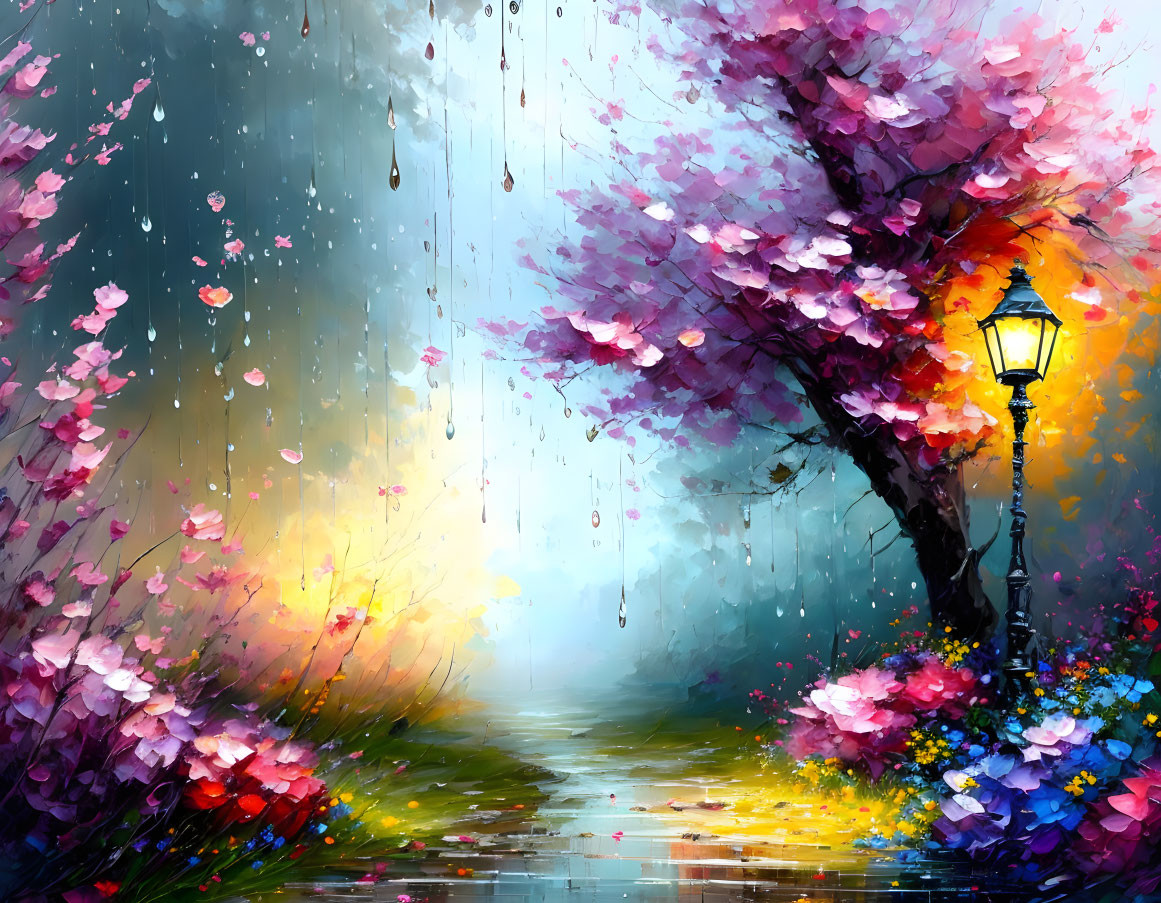 Colorful Rainy Path Painting with Blooming Tree and Streetlamp