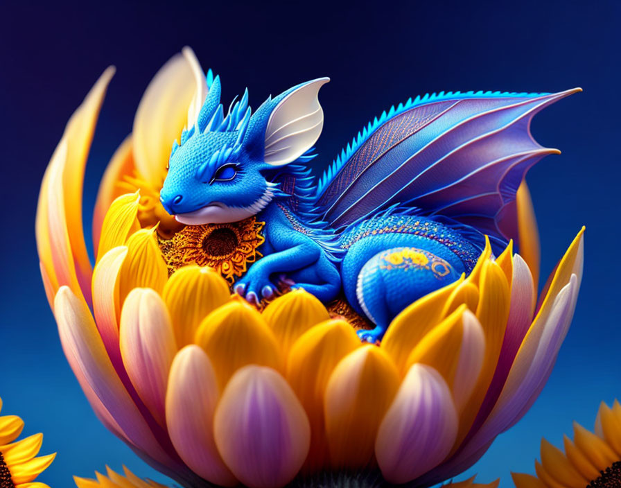 Blue dragon illustration in yellow and pink flower against blue background