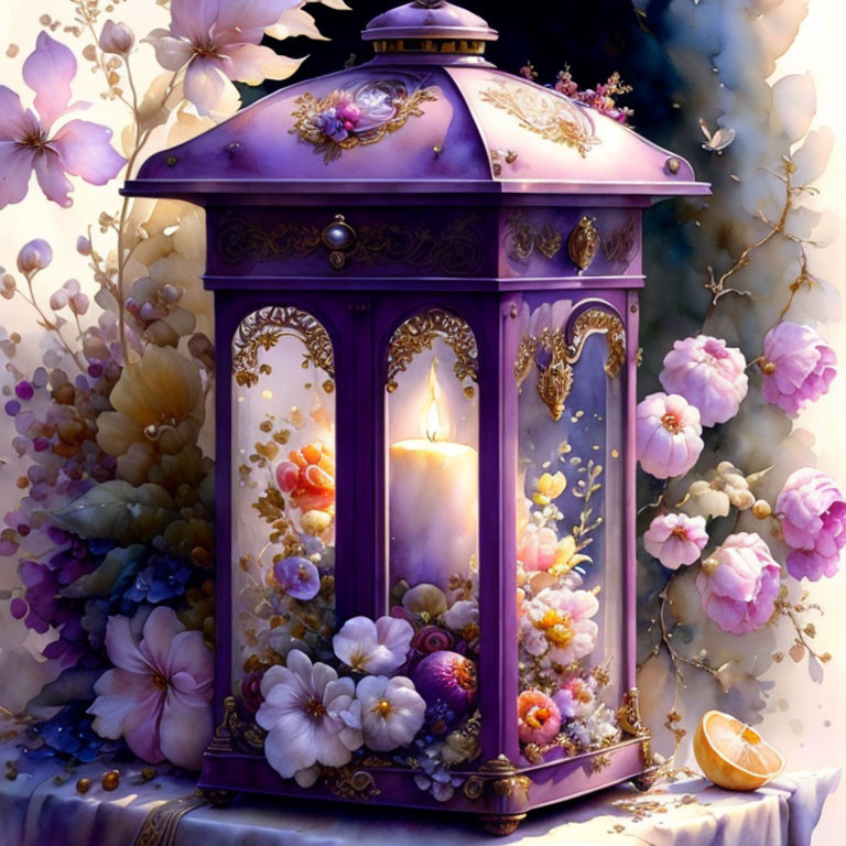 Purple Lantern Illuminated by Candle Among Vibrant Flowers