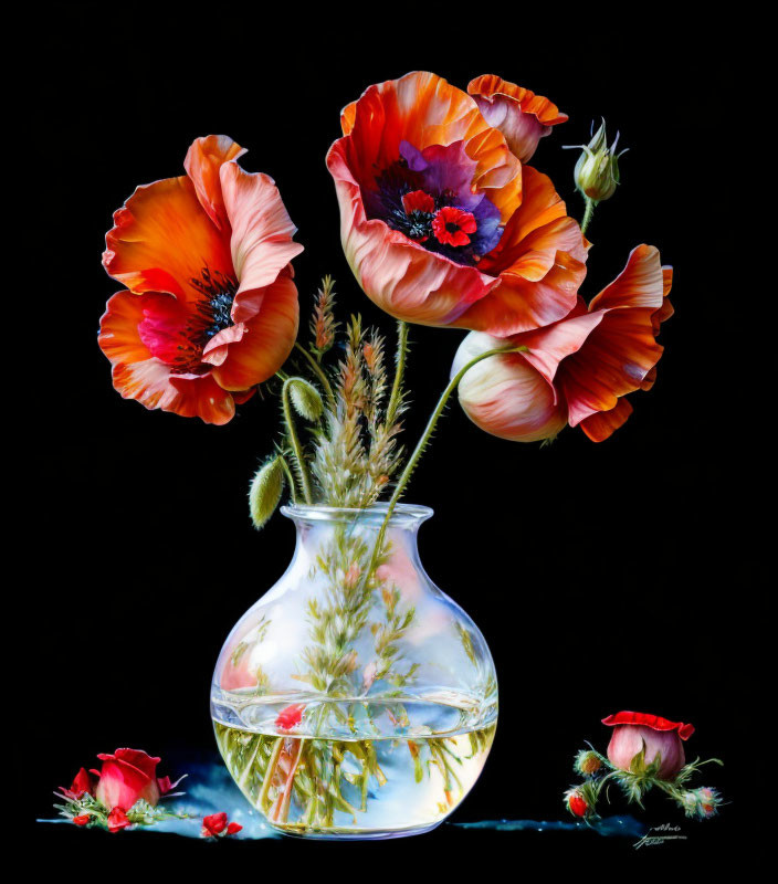 Vibrant orange-red poppies in clear vase on black background