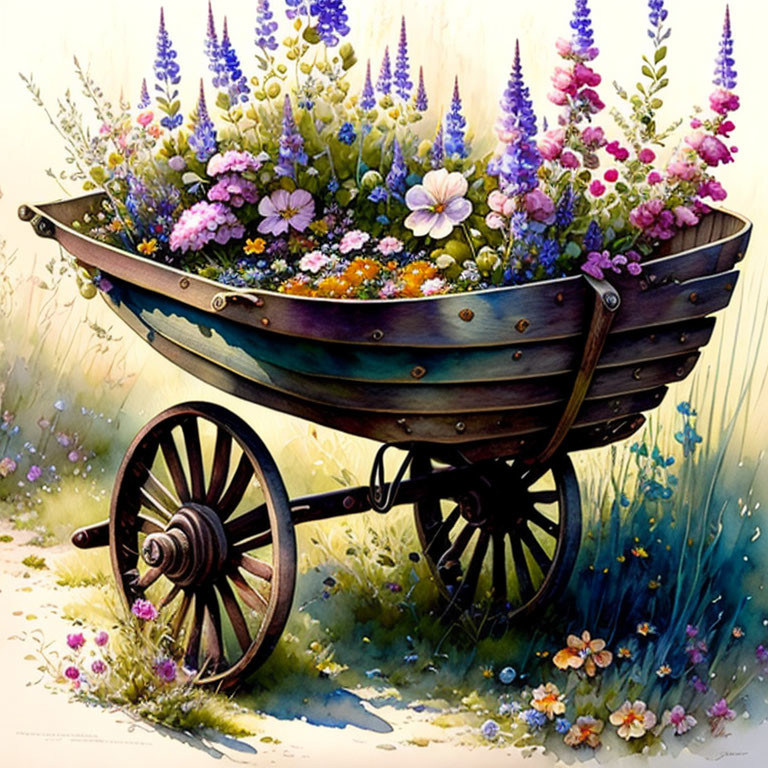 Rustic wooden wheelbarrow filled with vibrant blooming flowers in grassy meadow