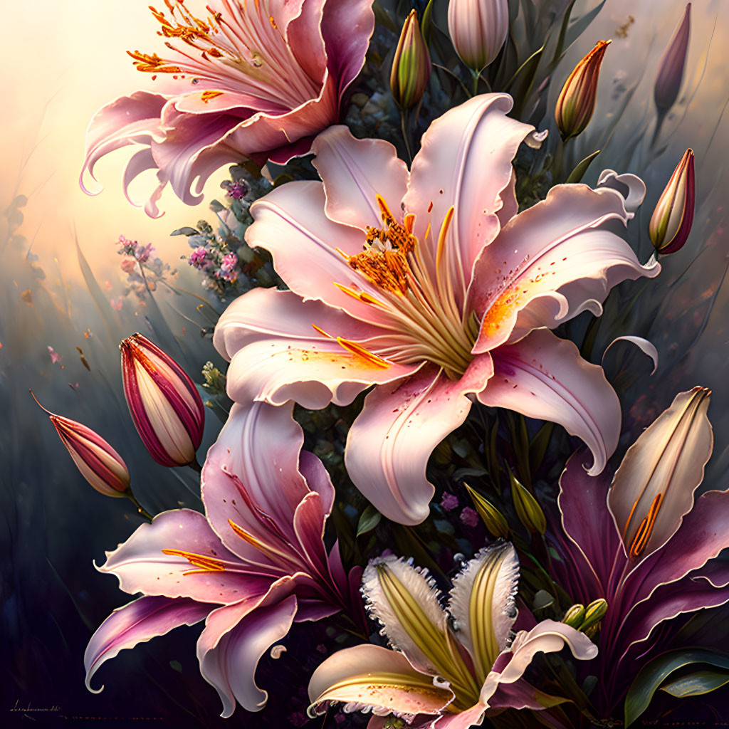 Detailed digital painting of vibrant pinkish-white lilies with golden stamens against a moody backdrop