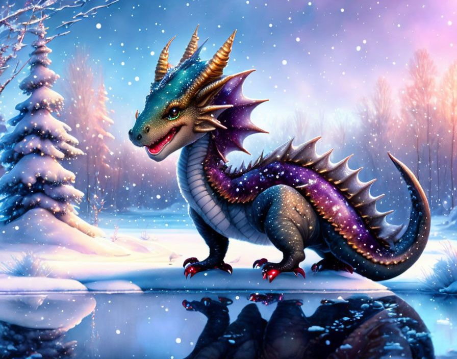 Smiling dragon illustration in snowy fantasy landscape