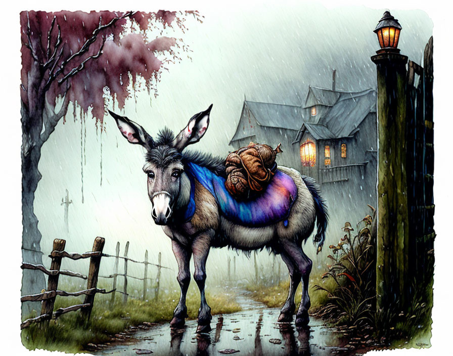 Colorful Blanket Donkey on Misty Road with Spooky House